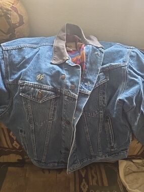 Vintage International Denim CanaMen's Blue Denim Bomber Jacket with Brown Collar